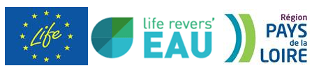 Logo du programme européen Life : fonds bleu avec texte Life écrit en jaune pusi logo du programme Revers'eau écrit en bleu avec une goutte dessinée puis logo des Pays de la Loire