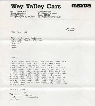 Courrier de remerciements de Win Percy, accidenté en juin 1987, pour les aménagements récents du virage de Mulsanne